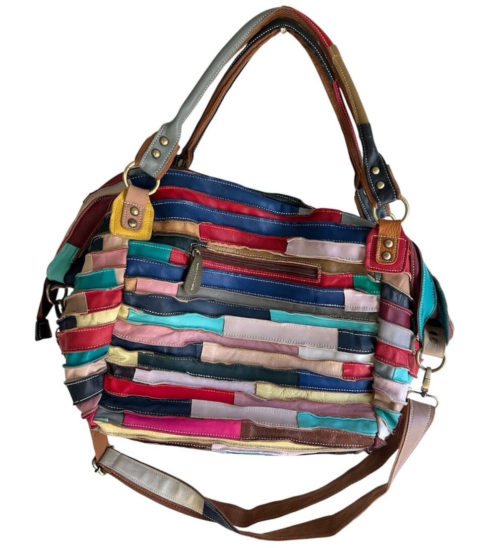 AmeriLeather Rainbow Patchwork Leather Tote Bag Large Boho Shoulder Crossbody
